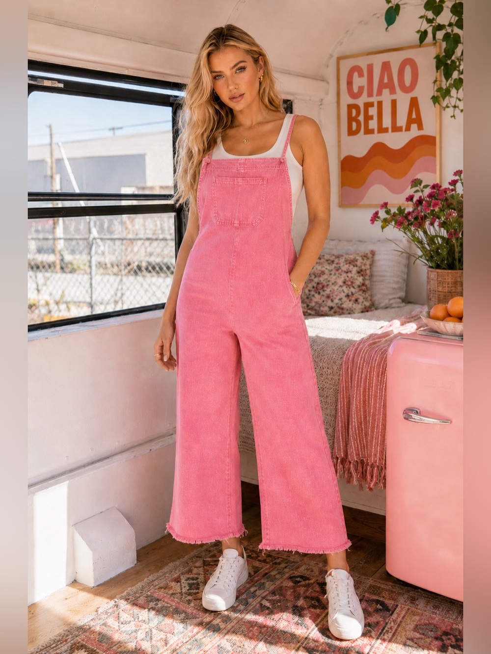 Just A Normal Girl Washed Denim Jumpsuit in Pink